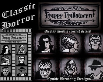 PDF PATTERN - "Halloween - Classic Horror Films Blanket" Mosaic Crochet BUNDLE - 8 patterns & Blanket instructions - spooky Halloween decor