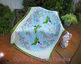 PDF PATTERN - Happy Hummingbirds overlay mosaic blanket, a fun Spring project, nature themed Mother's day or wedding gifts, baby blanket