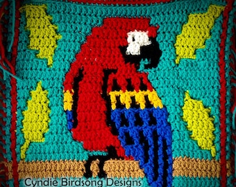 PDF PATTERN - Tropical Rainbow Parrot Mosaic Crochet Square for use in projects like pillows, totes, placemats, wall hangings, block afghans