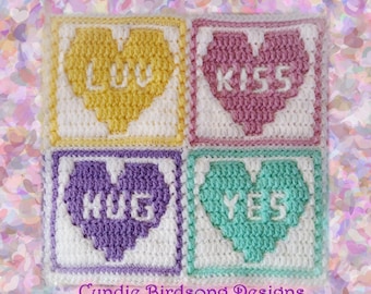 PDF PATTERN - Valentine's Conversation Candy Hearts Mosaic Crochet Square, love, holiday, gift, pink, cupid, anti-valentine, sweet, sugar