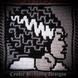 May include: A black and white crochet square with a pixelated image of Frankenstein's monster. The monster has a white scar on its forehead and is looking to the right. The square is framed with a gray border and has a fringe around the edges. The text "Cynide Birdsong Designs" is at the bottom of the square.