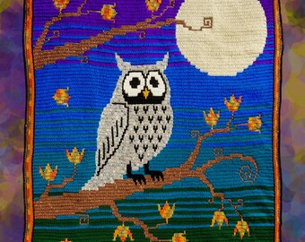 PDF PATTERN - Autumn Owl Moon blanket - cottagecore nature theme, spooky full moon, fall equinox, harvest season, Mabon, crochet throw