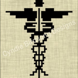 May include: Black and white geometric design with a stylized bird shape. The design is on a beige background.
