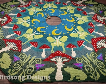 PDF PATTERN - Mushroom Forest Holiday Tree Skirt featuring frogs, mushrooms, luna moth, crescent moon n stars - for under the Christmas tree