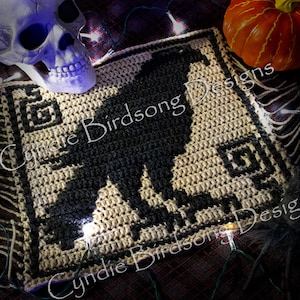 May include: Crocheted black raven silhouette on a beige background with a fringe border. The crochet piece is surrounded by Christmas lights and a skull. The text "Cynthie Birdsong Designs" is visible on the piece.
