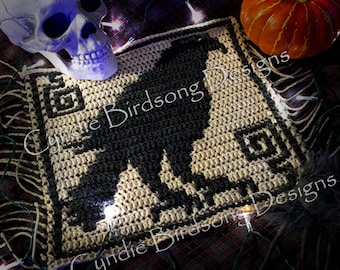 PDF PATTERN - "Halloween - Edgar Allan Crow" Mosaic Crochet Square for trick-or-treat decor & bags, witchy theme, spooky, goth, nevermore