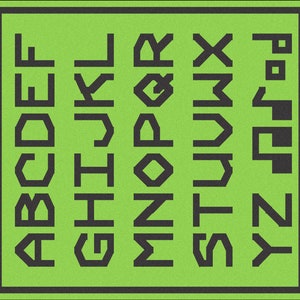 May include: A green background with a black border, featuring a blocky font alphabet in black. The letters are arranged in columns, with each letter centered within a square.