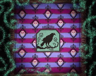 PDF PATTERN - Haunted Gothic Crow blanket plus bonus projects -  Halloween theme, spooky nevermore blanket, goblincore decor, table runner