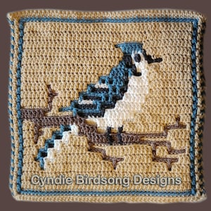 May include: A crocheted square depicting a blue jay sitting on a branch. The bird is crafted using blue, white and brown yarn. The background is a tan colour. The square is edged with blue yarn. The text "Cynie Birdsong Designs" is at the bottom of the square.