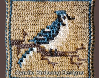 PDF PATTERN - Boisterous Blue Jay Mosaic Crochet Square - for use in projects like pillows, totes, place mats, wall hangings, block afghans