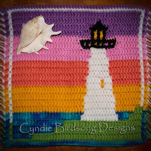 PDF PATTERN - "Awesome Ocean - Lighthouse"  Mosaic Crochet Square, ocean decor, pillows, table runners, tote bags, block afghan, granny