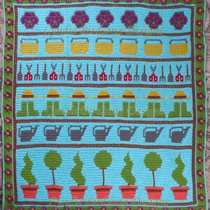 PATRÓN PDF - Manta CAL Garden Life - temática natural cottagecore con topiarios, regadera, pensamientos, herramientas de jardinería, regalo de inauguración de la casa