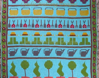 PDF PATTERN - Garden Life CAL blanket - cottagecore nature theme with topiaries, watering can, pansies, gardening tools, house warming gift