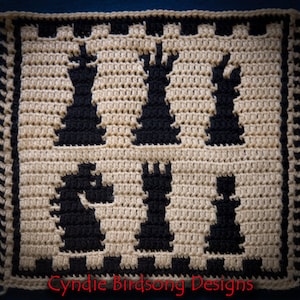 PATRÓN PDF - ¡Jaque mate! Piezas de ajedrez Mosaico Crochet Square & Bonus Border chart - juegos, regalo masculino, hombre de las cavernas, juegos de azar, rey, reina, peón