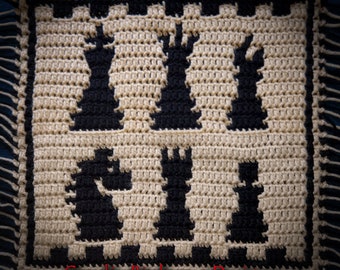 PDF PATTERN - Checkmate! Chess pieces Mosaic Crochet Square & Bonus Border chart - games, male gift, man cave, gambling, king, queen, pawn