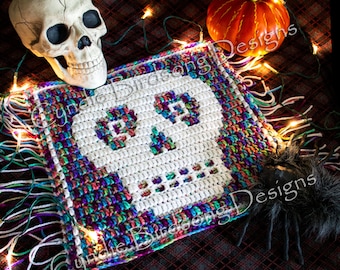 PDF PATTERN - "Halloween - Scary Skull" Mosaic Crochet Square for trick-or-treat decor & bags, witchy theme, spooky, goth