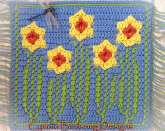 PDF PATTERN - "Darling Daffodils" Mosaic Crochet Square - flowers, spring, Mother's Day, Pillows, Placemats, block afghan, wedding, Easter