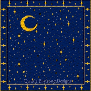 May include: A square, navy blue textile featuring a celestial design. A yellow crescent moon and numerous yellow stars are scattered across the fabric. The border and the text "Cyndie Birdsong Designs" are also in yellow.