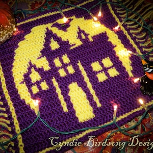 PDF PATTERN - Overlay Mosaic Crochet Square Spooky Moon series &quot;Haunted House&quot;, Halloween, eerie, night, scary, lunar, monster, bat, ghost