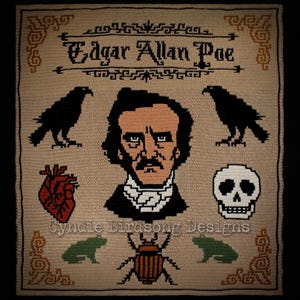 May include: A crochet pattern featuring a portrait of Edgar Allan Poe, surrounded by symbols associated with his work, including a raven, a heart, a skull, and a beetle. The pattern is framed with a decorative border.