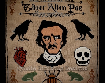 PDF PATTERN - Edgar Allan Poe mosaic crochet blanket with Raven of Nevermore, Skull, Heart, Frogs, Beetle, Victorian lettering & scrollwork