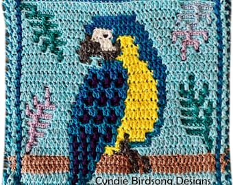 PDF PATTERN - Tropical McCaw parrot Mosaic Crochet Square - for use in projects like pillows, totes, placemats, wall hangings, block afghans