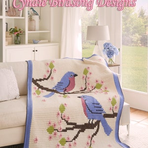 PDF PATTERN - Bluebirds & Blossoms overlay mosaic blanket with bobbles, a fun Spring project, nature themed Mother's day or wedding gifts