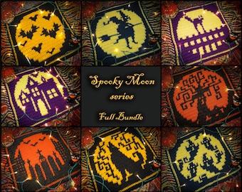 PDF PATTERN - Overlay Mosaic Crochet Spooky Moon series FULL bundle of 8 patterns, Halloween, Bats, Ghosts, Wolf, Graves, House, Witch, Cat,