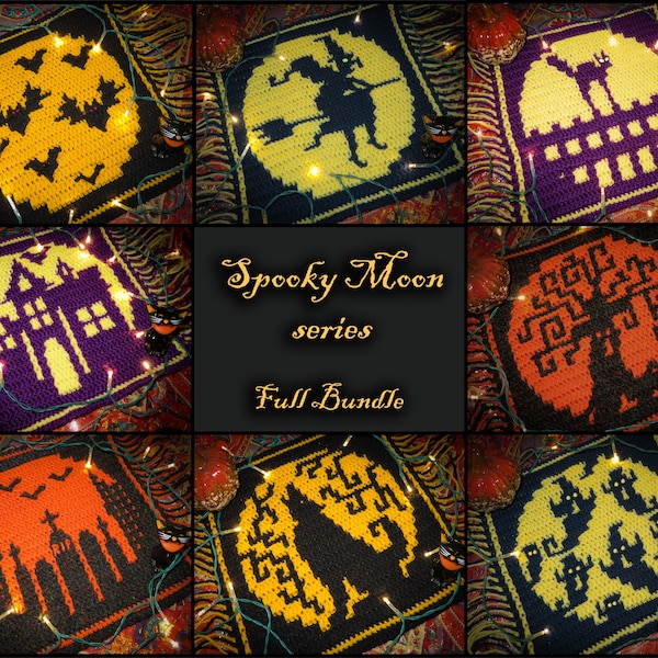 PDF PATTERN - Overlay Mosaic Crochet Spooky Moon series FULL bundle of 8 patterns, Halloween, Bats, Ghosts, Wolf, Graves, House, Witch, Cat,