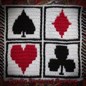 Padrão PDF – Ternos de cartas de jogar Mosaico Crochet Square – magia, coração, espadas, paus, diamantes, jogos, pôquer, presente masculino, caverna masculina, jogos de azar