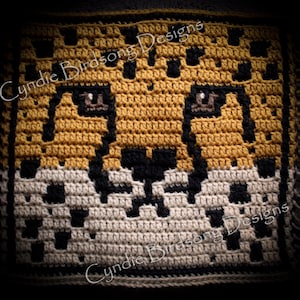 Puede incluir: Cuadrado de crochet con la cara de un guepardo en hilo negro, blanco y dorado. El cuadrado tiene un borde negro y el texto "Cynide Birdsong Designs" es visible en las esquinas superior izquierda e inferior derecha.
