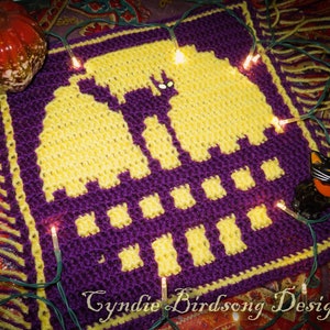 PDF PATTERN - Overlay Mosaic Crochet Square Spooky Moon series &quot;Caterwauling Cat!&quot;, Halloween, eek, eerie, night, scary, feline, fence, boo!