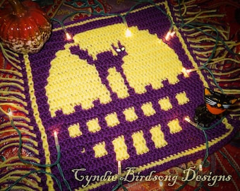 PDF PATTERN - Overlay Mosaic Crochet Square Spooky Moon series "Caterwauling Cat!", Halloween, eek, eerie, night, scary, feline, fence, boo!