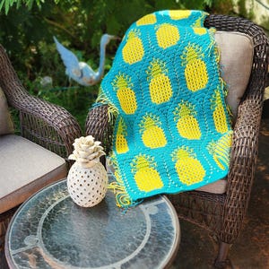May include: A turquoise and yellow pineapple-patterned blanket draped over a wicker chair. The blanket has a fringe and the text "Pineapple Paradise" and "Cyndie Birdsong Designs". A decorative pineapple sits on a glass-topped table.