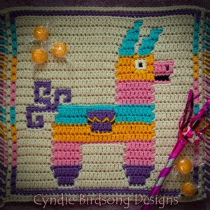 PDF PATTERN - Summer Vacay Mosaic Crochet Square &quot;Piñata Party&quot;, wall hanging, pillow, vacation, children, kids, birthday, candy, llama,