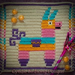 PDF PATTERN - Summer Vacay Mosaic Crochet Square "Piñata Party", wall hanging, pillow, vacation, children, kids, birthday, candy, llama,