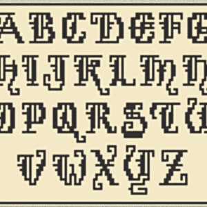 Peut inclure: Alphabet noir et blanc avec des fioritures décoratives. Chaque lettre est soulignée en noir et a un intérieur blanc. Les lettres sont disposées en trois rangées.