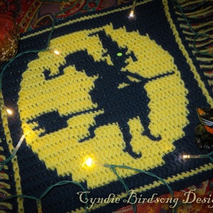 PDF PATTERN - Overlay Mosaic Crochet Square Spooky Moon series &quot;Flying Witch&quot;, Halloween, eerie, night, scary, lunar, wicked, broom, flight
