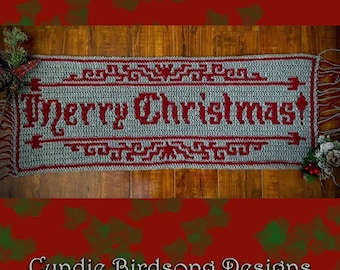 PDF PATTERN - Old Timey "Merry Christmas" Banner - Mosaic Crochet - gothic Victorian Holiday decor for table runner, wall hanging, blanket