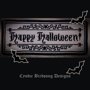 PDF PATTERN - &quot;Happy Halloween - Classic Horror Films Banner&quot; Mosaic Crochet - spooky gothic Halloween decor, wall hanging, table runner,