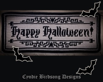 PDF PATTERN - "Happy Halloween - Classic Horror Films Banner" Mosaic Crochet - spooky gothic Halloween decor, wall hanging, table runner,