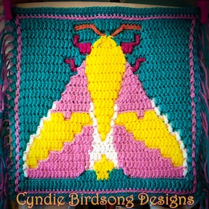 PDF PATTERN - Rosy Maple Moth overlay mosaic crochet square, for pillow, tote bag, wall hanging, block afghan, maximalism entomology decor