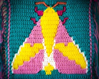 PDF PATTERN - Rosy Maple Moth overlay mosaic crochet square, for pillow, tote bag, wall hanging, block afghan, maximalism entomology decor