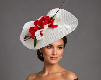 Sombrero derby rojo y blanco, tocado floral para invitada de boda, adorno floral de verano para eventos especiales, tocado de alstroemeria para fiestas en el jardín.