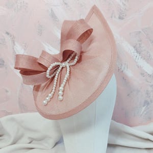 elegant wedding hat dusty pink pearl fascinator bow wedding hat millinery hat womens ascot statement garden party hat special event tea hat