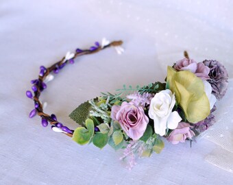 Purple flower crown, Purple bridal crown, Dusty pink, Floral headband, flower girl crown, Lilac crown, Purple wedding crown, Flower wreath