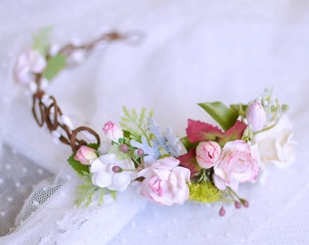 Blush floral half crown, Blush bridal crown, Pink hair wreath, Pink floral crown, Pink flower hair crown, Romantic bridal crown, Rose wreath