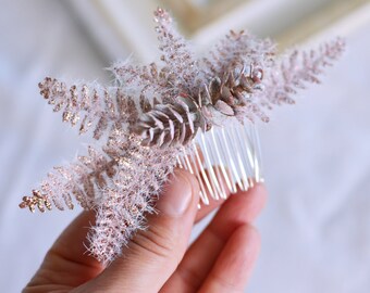 pinecone hair comb winter festive occasion hair piece winter wedding bridal comb rose gold special event comb for bride snowed hairpiece