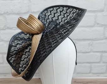 Black gold kentucky derby hat, Gold black hat, Black ascot hat, Church hat, Black and gold formal hat, Ascot hat, Mother of bride hat