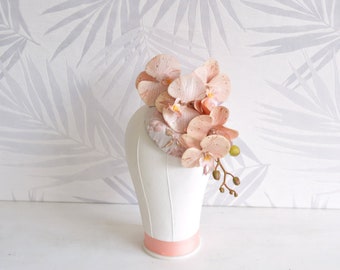 Peach gold millinery hat, Orchid millinery hat, orchid wedding hat, Peach gold Ascot hat, Floral formal hat, Kentucky derby hat, Flowers